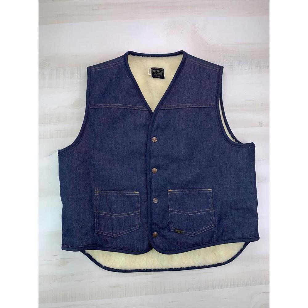 Vintage Sears Roebucks Denim Vest Mens XL Faux Sherpa Lined Made in USA